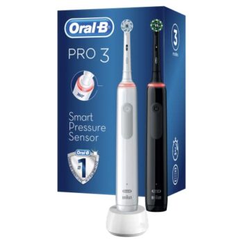 Oral-B Pro 3 3900 Cepillo de dientes eléctrico, paquete doble, con 3 modos de cepillado y control visual de presión de 360° para el cuidado dental. Diseñado por Braun, blanco/negro